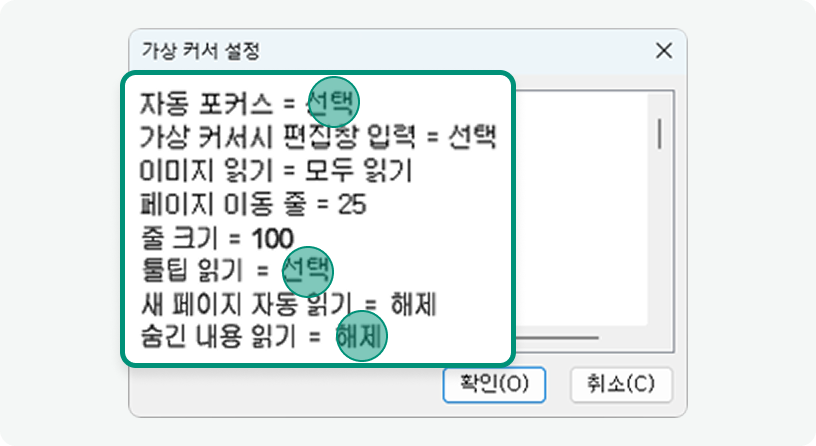 가상 커서 설정 세부 옵션 설정값 예시 화면